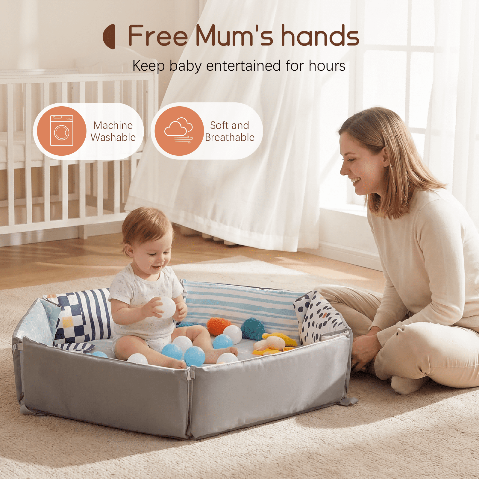 PRVAETU Baby Play Mat with Foldable Raised Edges, Wooden Gym & 6-in-1 Activity Center, Convertible Ball Pit, Sensory Playmat for Infants 6-18 Months