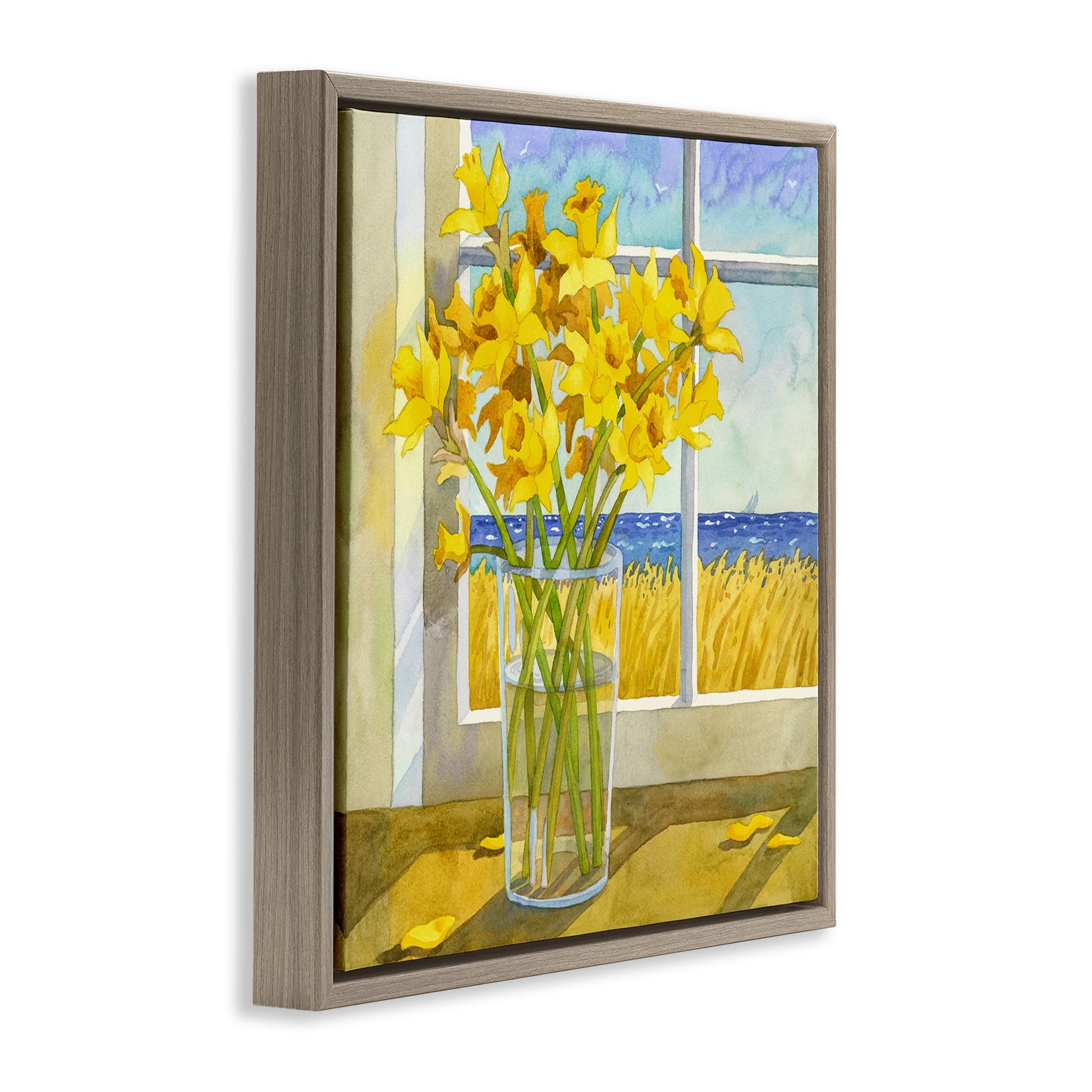 Stupell Industries Daffodils in Seaside Window Botanical & Floral Painting Brown Floater Framed Canvas Art Print Wall Art, 25 x 25