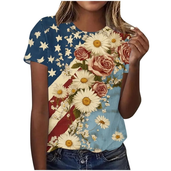 asdoklhq Usa Patriotic Tops Tshirts Shirts Usa Patriotic Tops Women's Independence Day Printed Short-sleeved Round-neck Top Multicolor 3X