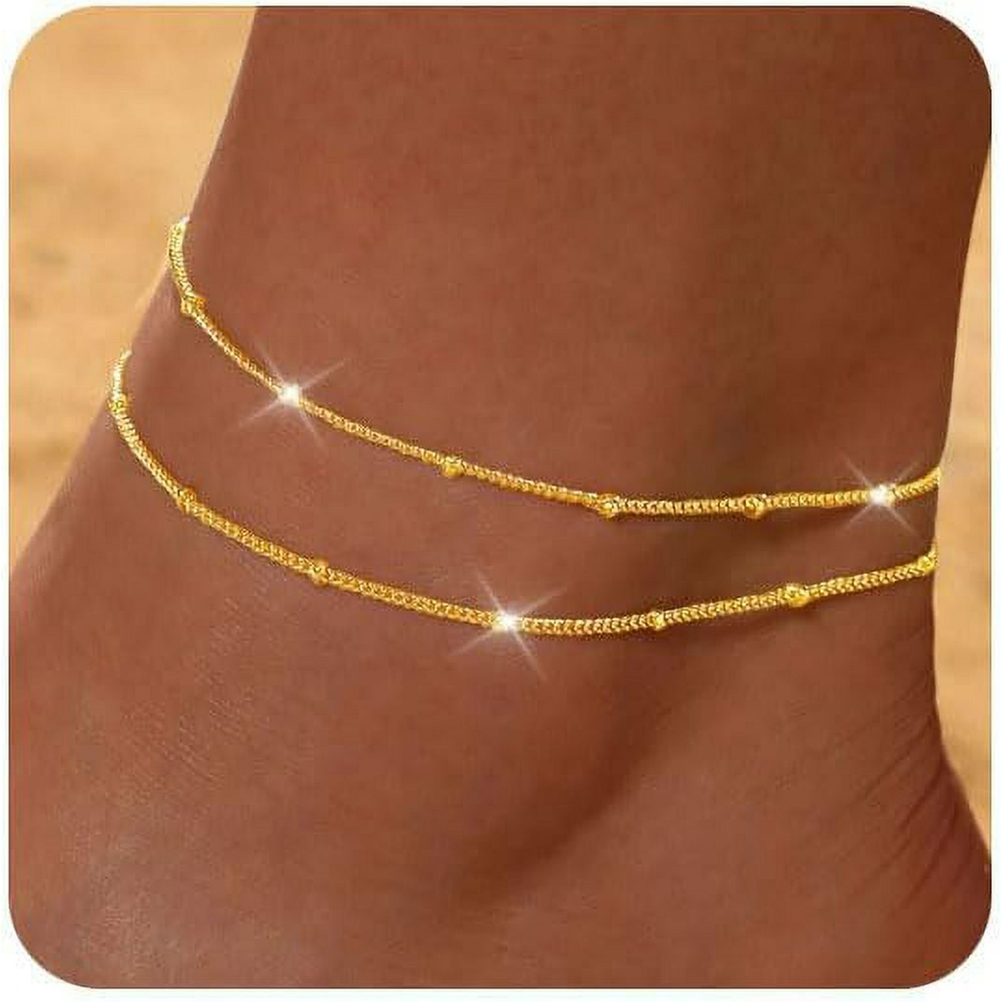 Gold Silver Ankle Bracelets for Women Waterproof 14K Gold Plated Anklets for Women Non Tarnish Dainty Layered Beaded Heart Anklet Set Summer Beach Foot Chain Jewelry Gifts Trendy Stuff