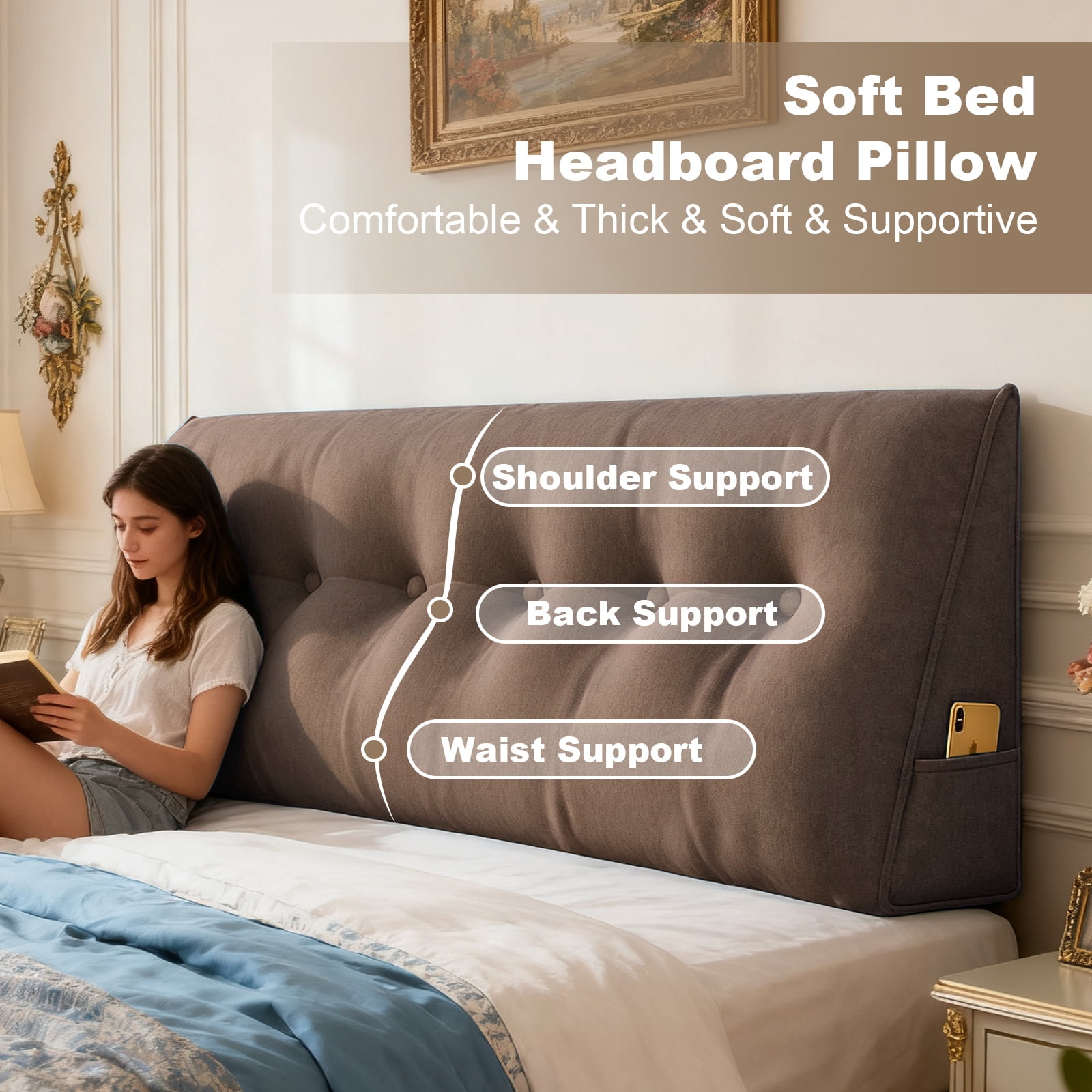 ANMINY Soft Fleece Headboard Pillow - High Elastic Pearl Cotton Filling, Removable Cover, Side Pocket, Ideal for Bed & Sofa Back Support