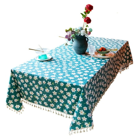 

2 Pcs Rectangle Tablecloth Washable Cotton Print Christmas Tablecloth With Tassel Table Cover For Farmhouse Cafe Garden Party Halloween Picnic High Tea-Green-90*90cm