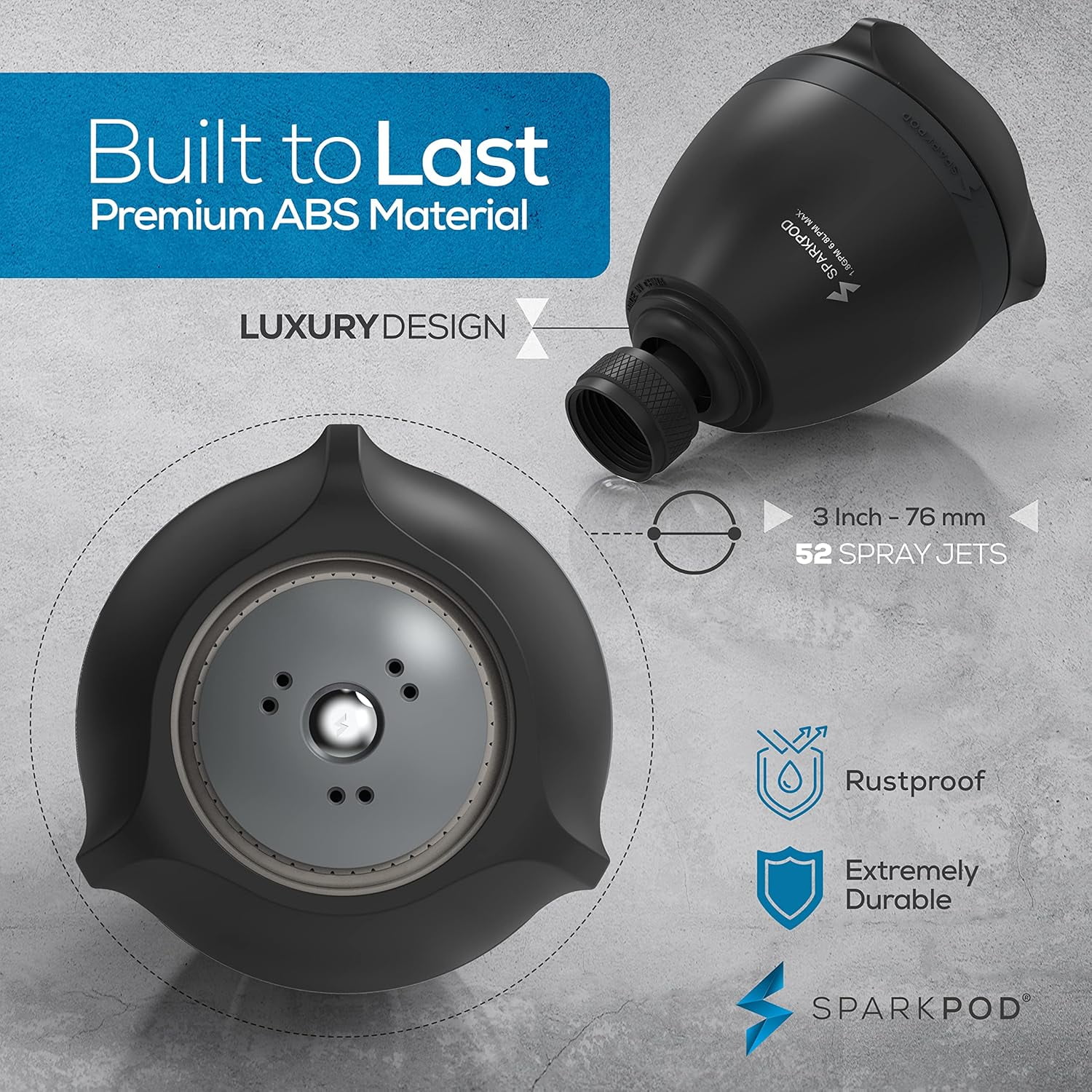 SparkPod High Pressure Shower Head - Rain, Massage & Pulsating Modes, Water-Saving, Wall Mount (Black Matte)