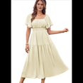 thumbnail image 3 of Vestido Informal de Verano para Mujer, de Corta, Cuello Cuadrado, Cintura Fruncida, Holgado, con , para Vacaciones, Color Albaricoque XL, 3 of 6