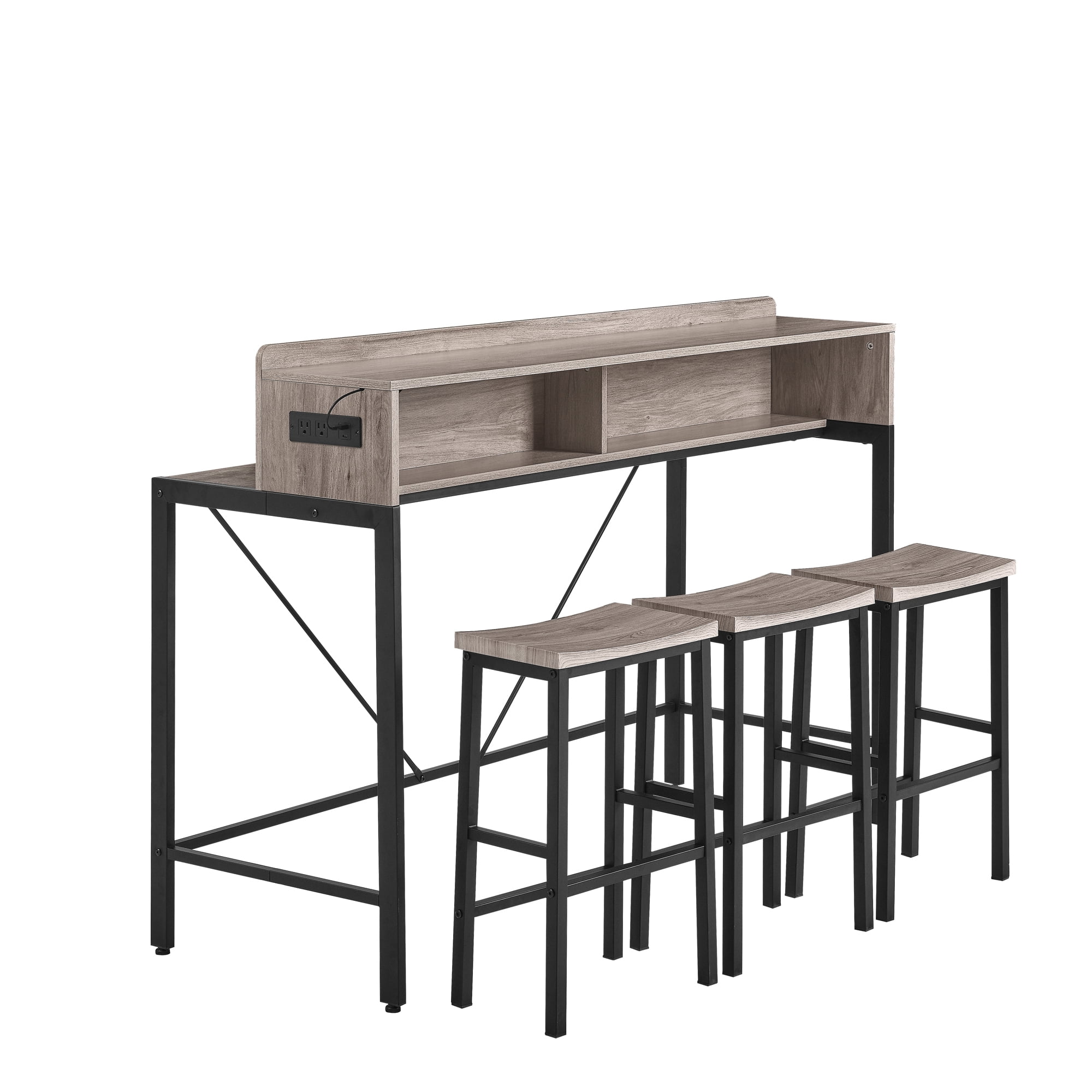 HOQBN Bar Table Set,59 inch Bar Table with Power Socket and LED Light,4-piece Bar Table and 3 Saddle Stools Set for Living Room, Dining Room and Kitchen,Gray