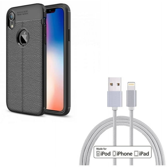 Case w MFi USB Cable for iPhone XR - PU Leather Slim Fit Cover Reinforced Bumper Shock Absorbent, 6ft Certified Charger Cord Power Wire Compatible With iPhone XR