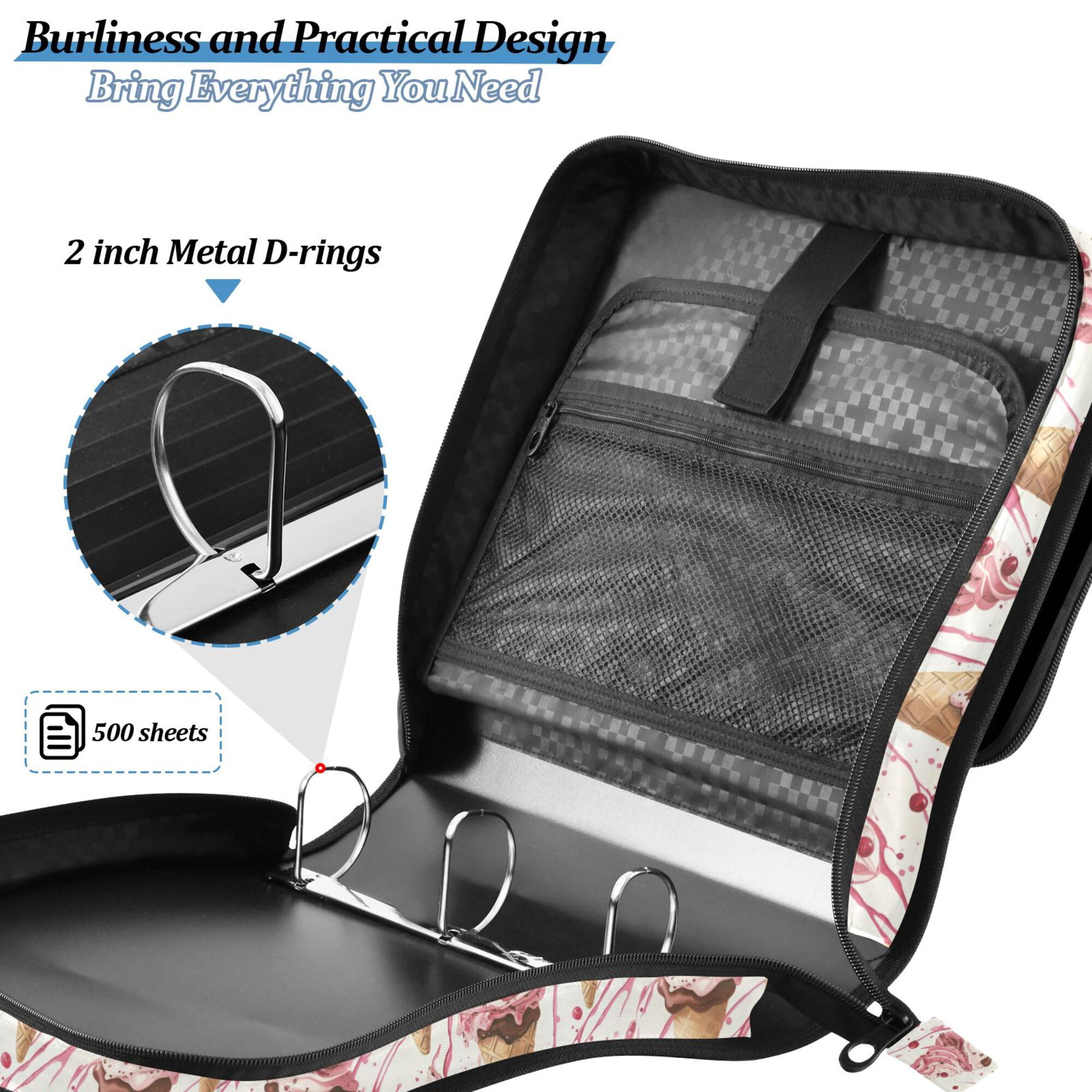 FORMRS Zipper Binder with Shoulder Strap 2-inch Ring 500 Sheet Capacity File Bag, Pink Ice Cream Pattern