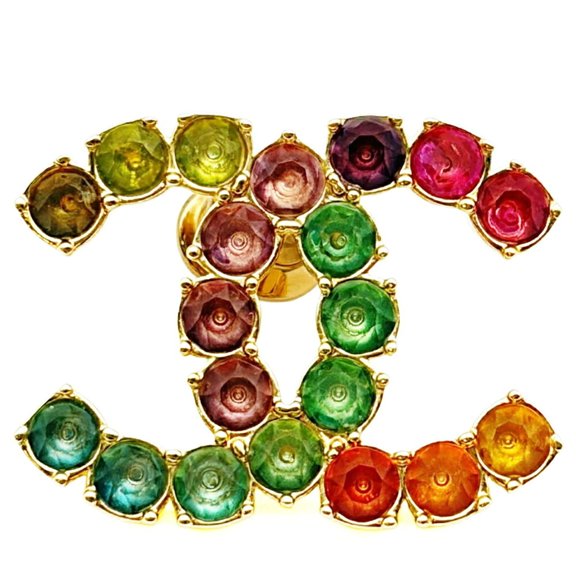 Pre-Owned Chanel pin brooch, Coco Mark, GP (gold plated), rhinestones, multi-colored stones.