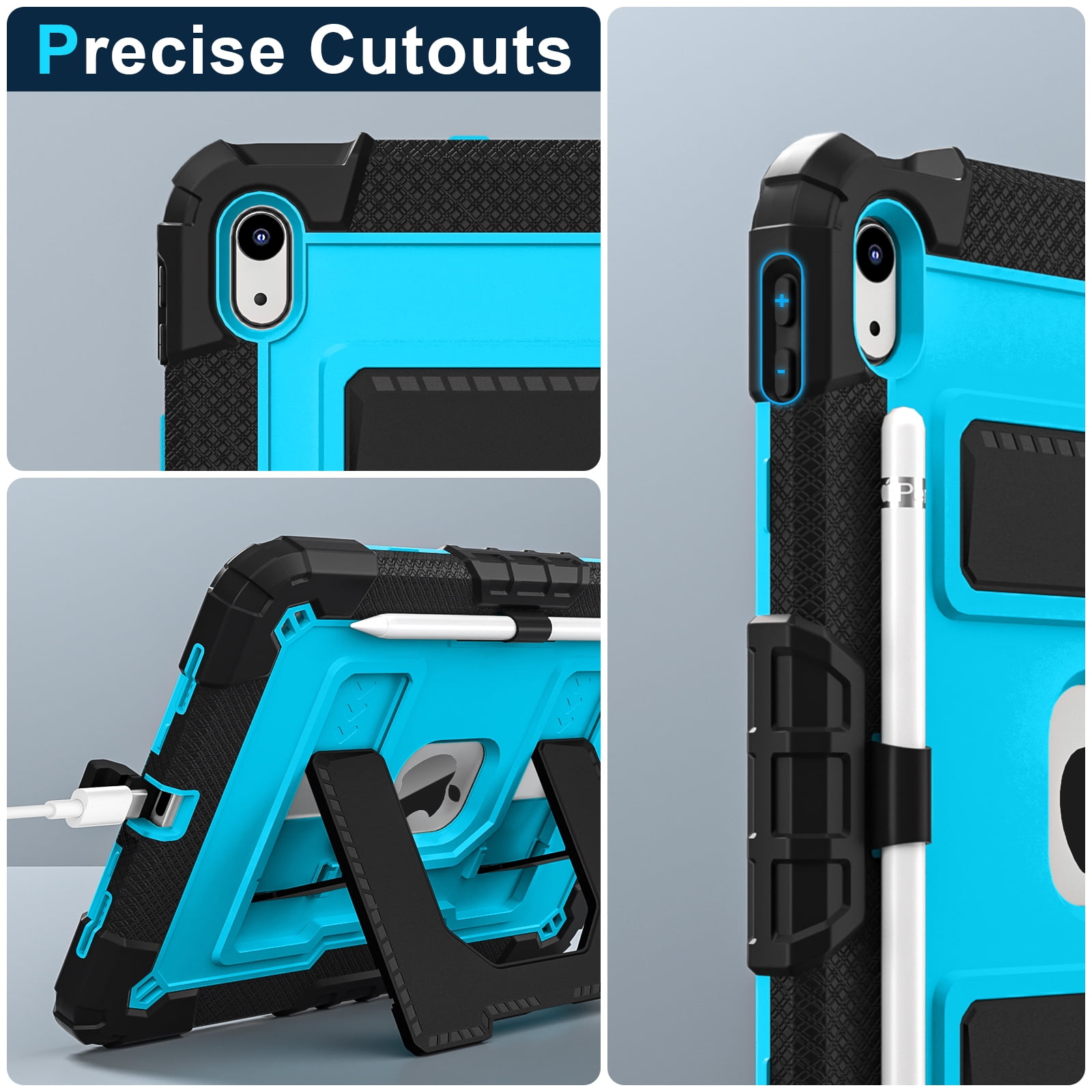 Allytechgroup Rugged Case for Apple iPad Mini 7th Gen / iPad Mini 6th Gen 8.3 Inch, Heavy Duty Protective Tablet Case with Kickstand, Pencil Holder & Detachable Shoulder Strap, Black+Blue