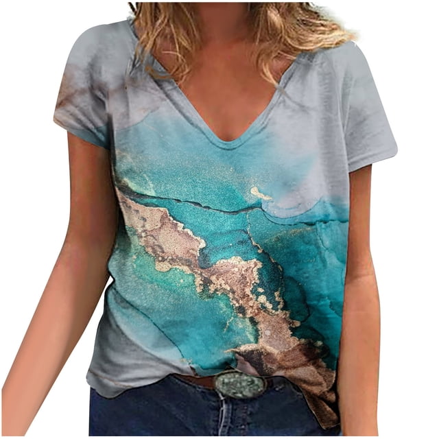 Camisetas con estampado floral con cuello en V para mujer Blusas femeninas cómodas a la moda Tops OAVQHLG3B Store lin121212