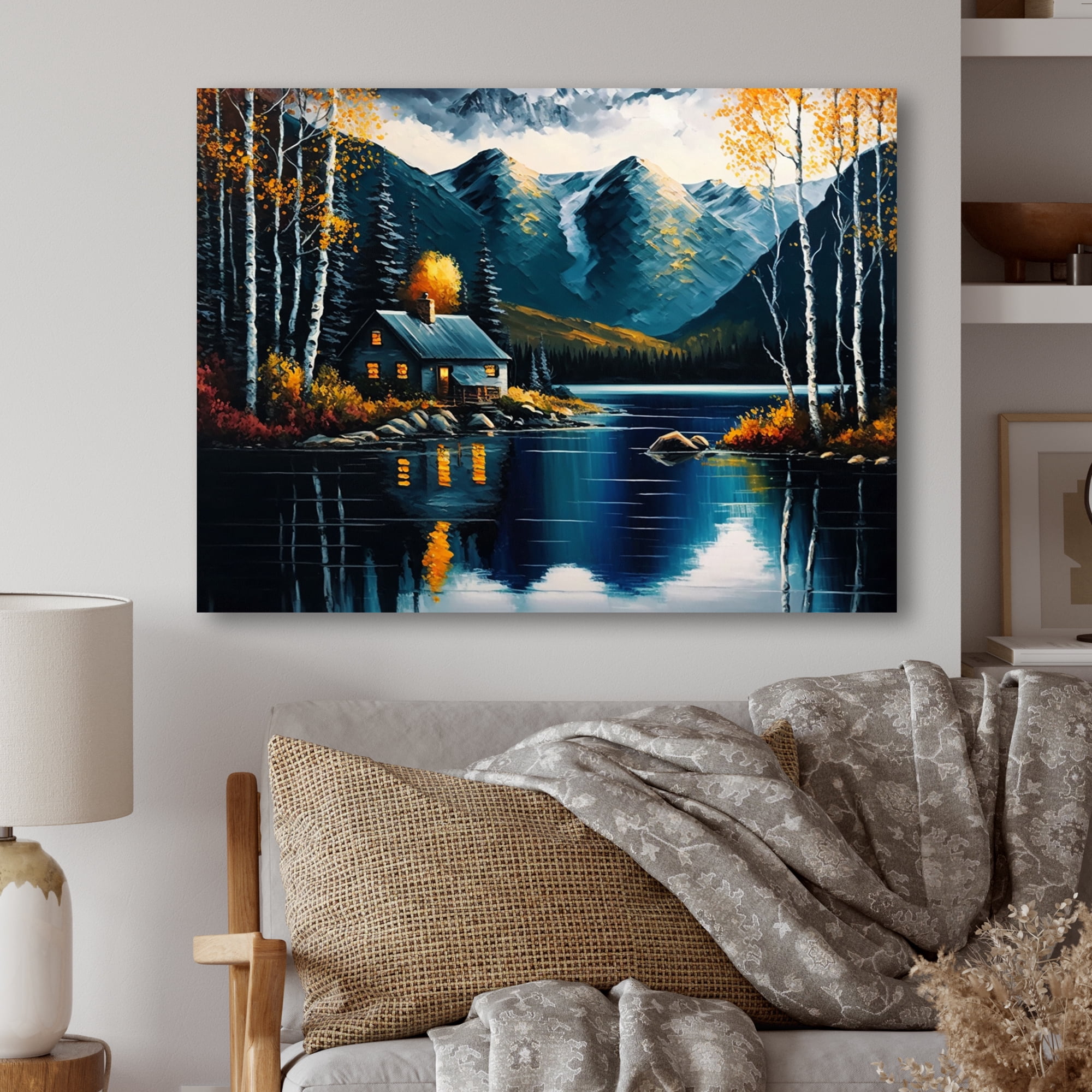 Designart Lake House Scenery In Fall IV Canvas Wall Art