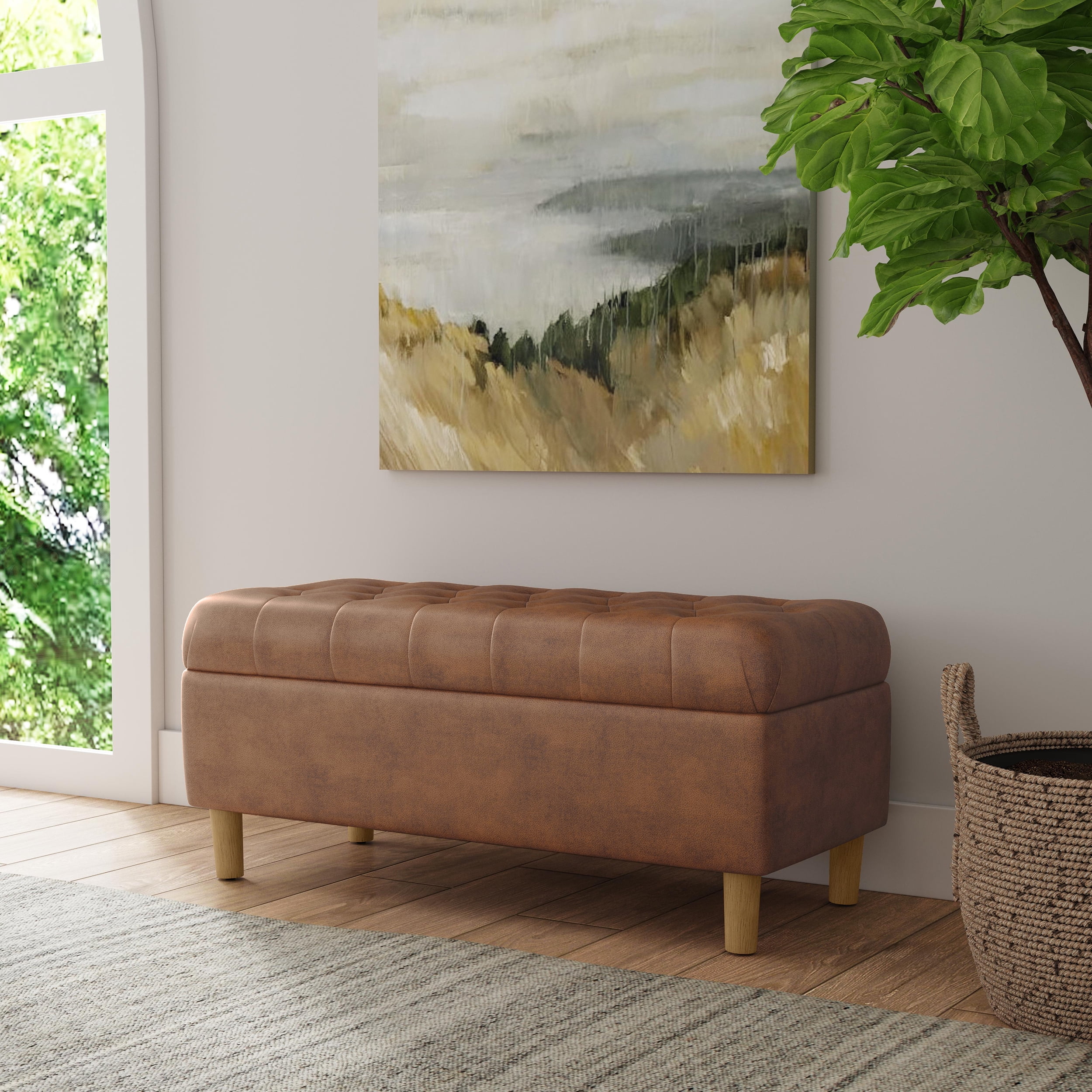 HomePop Button Tufted Storage Bench, 40"W x 18"D x 18"H, Brown Faux Leather