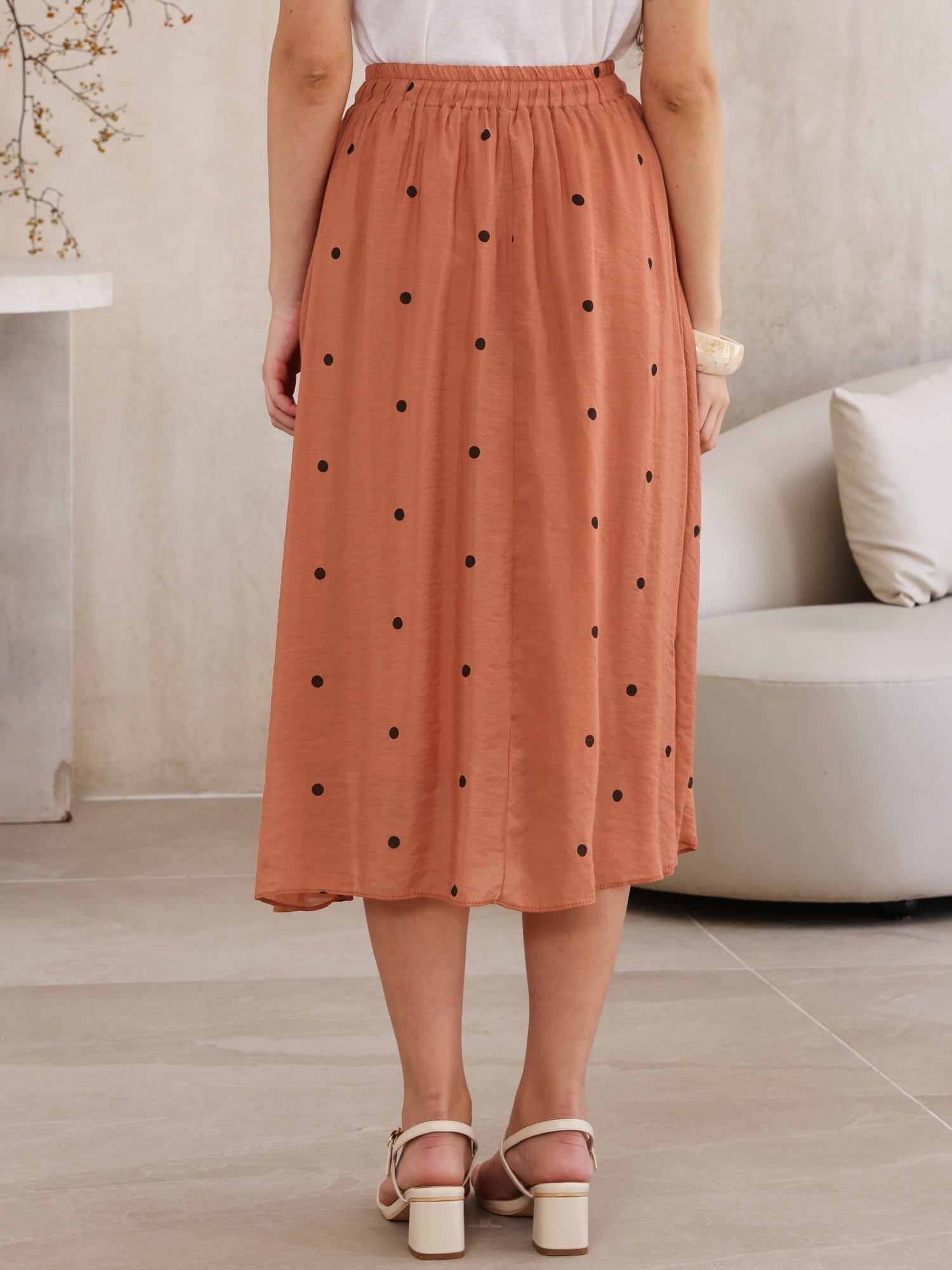 DARING DIVA Women's Elastic Waist Polka Dots Midi Skirts Large Burnt Orange
