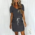 thumbnail image 2 of yillto Mini Dress for Women Casual V Neck Dresses with Pockets Trendy Short Sleeve Drawstring Dresses, 2 of 5