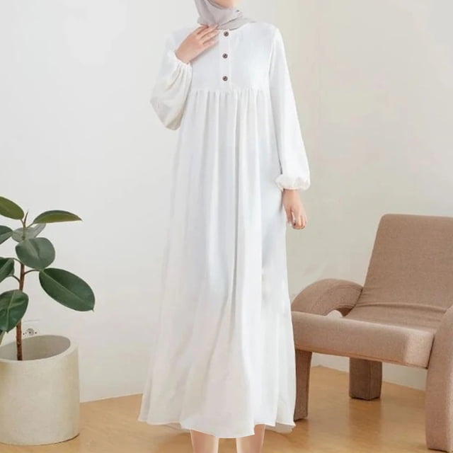 Robe d'Été pour Femmes, Robe Maxi à Manches Longues Longueur Cheville, Couleur Unie en Chiffon Col Rond Coupe Ample