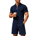 thumbnail image 3 of JAJAHO Men's 2 Piece Set Short Sleeve Quarter Zip Collared Shirts And Drawstring Shorts Texture Summer Beach Vacation Clothes Trendy Outfit, 3 of 7