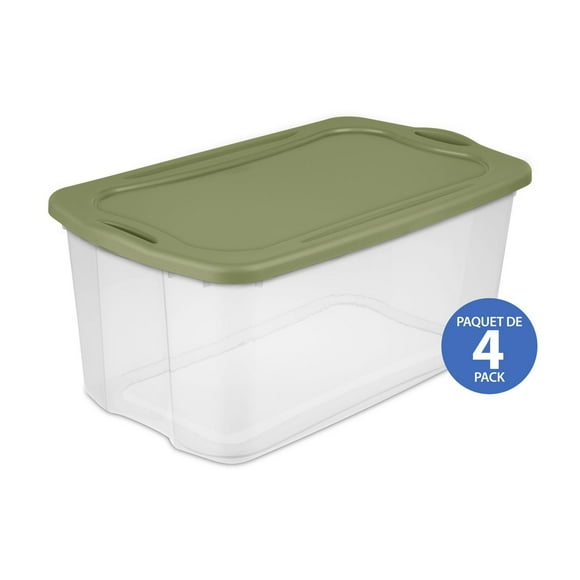 Sterilite 114 Liter EZ Carry, Extra Large Clear Plastic Storage Bin with Full-Grip Handles and Green Lid, 4 Pk