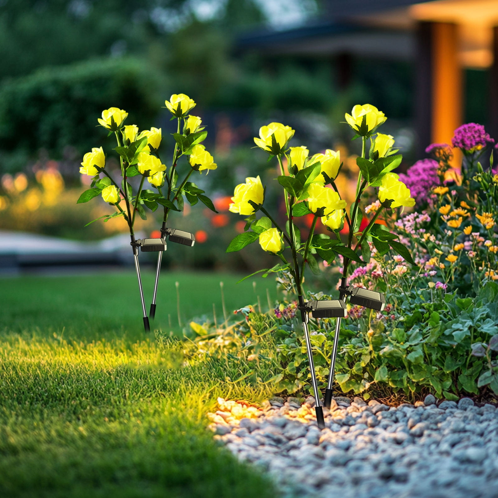 Solar Garden Lights,Solar Outdoor Lights with More Realistic 10 Rose WaterproofSolar Powered Flowers for Outside Patio Yard Pathway Decorations, 2 Pack