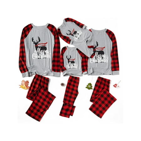 

Karuedoo Christmas Matching Family Christmas Pajamas Set Letter Reindeer Print Raglan Sleeve Tops Plaid Pants Sleepwear Homewear