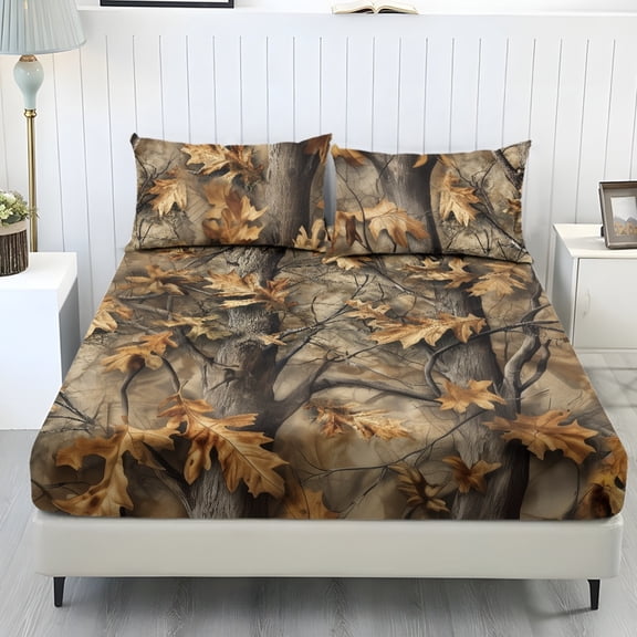 COEQINE Twin XL Sheets 3 Pieces Bed Sheets Set, Soft Fade Resistant Easy Care Bedding Set All Season Wrinkle Free Bottom Bedsheet for Twin XL Size Bed, Camo Hunting Forest Leaves