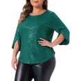 thumbnail image 2 of DARING DIVA Women's Plus Glitter 3/4 Sleeve Sparkle Sequin Blouse 1X Green, 2 of 6