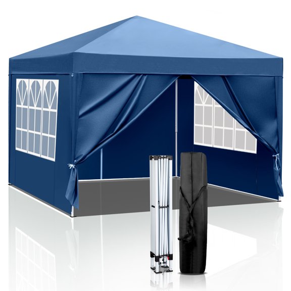 10x10FT Pop Up Canopy Tent with 2 Doors and 2 Windows, Outdoor Portable Gazebo Canopy Tent with Stand Base and 3 Adjustable Height, Foldable Commercial Tent for Camping, Patio, Party, BBQ, Blue