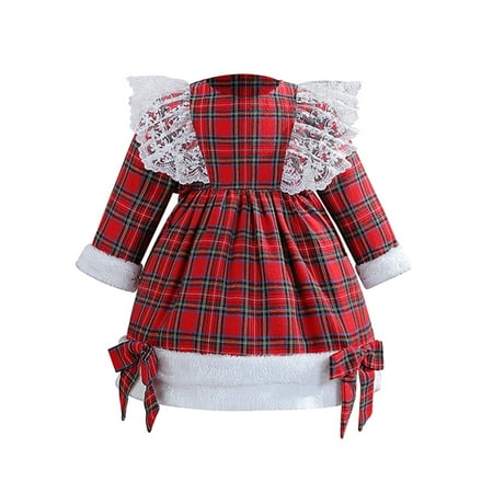 

Qtinghua Toddler Baby Girls Christmas Dress Plaids Lace Ruffle Long Sleeve Dress Princess Party Dress Clothes Red 6-12 Months
