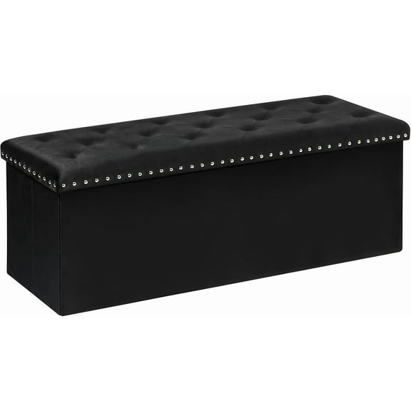 Storage Ottoman Bench, Folding Tufted Ottomans with Storage, Extra Large 140L Footrest Bench for Bedroom, Luxury Velvet Fabric 43 Inches Black