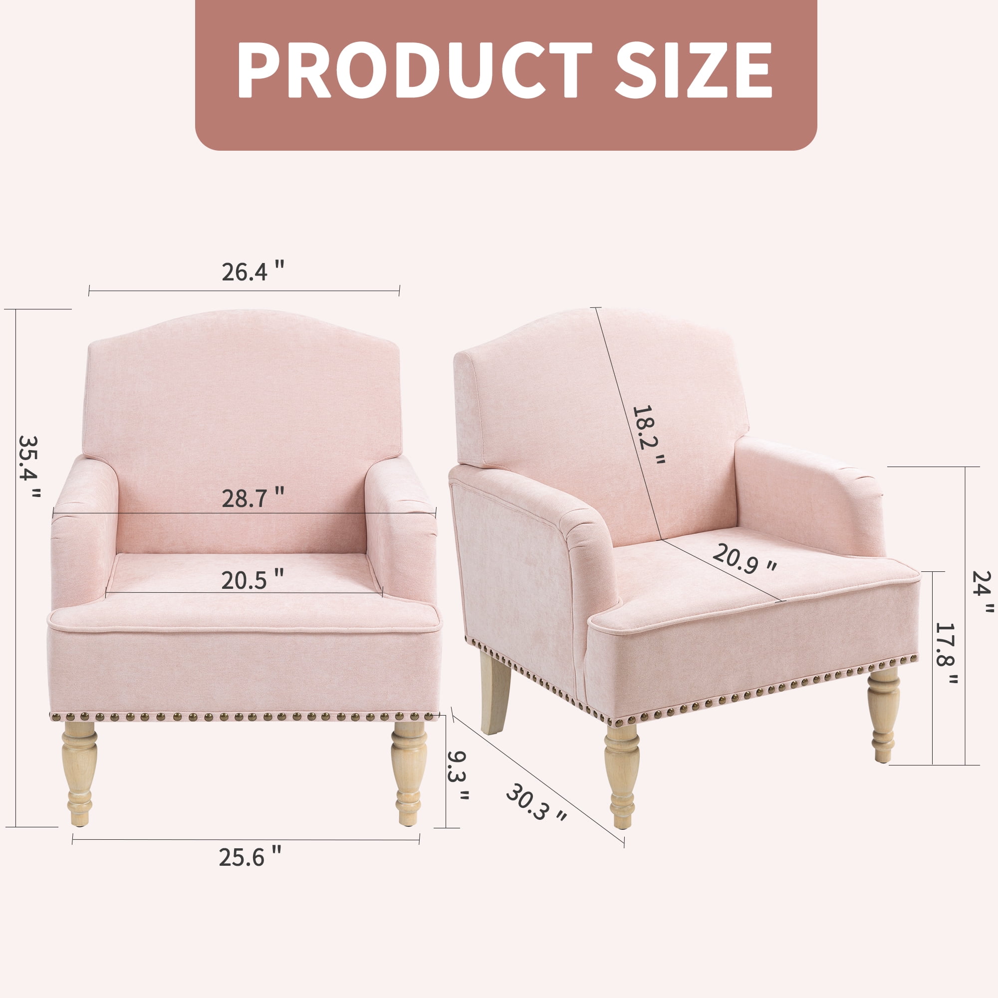 MOONMISS Modern Accent Chair Capacity Retro Wood Legs Nailhead Trim Comfy Upholstered Armchair for Living Room Bedroom,Light pink