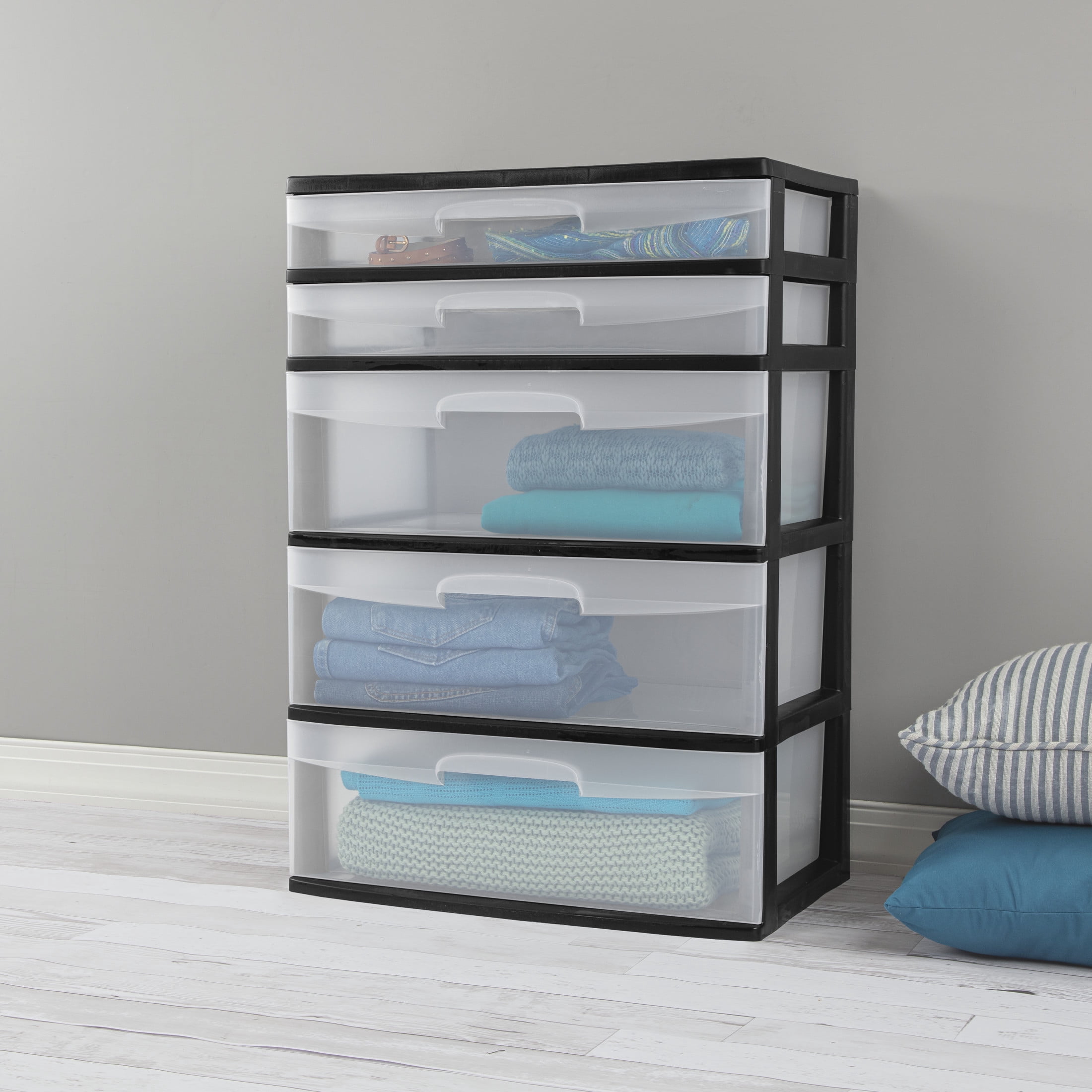 Sterilite 5 Drawer Wide Tower, with both Shallow and Deep Clear Plastic Drawers, Black