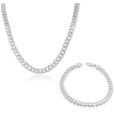 Turquoise Silver Mens Bracelets - 925 Sterling Silver Classic Curb Necklace Bracelet Mens Set - Made in Italy, 24