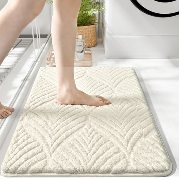 Soft Memory Foam Bath Rugs Non- Slip Absorbent 16" x 24" White Leaves Pattern Small Bathroom Mat Rug Machine Washable