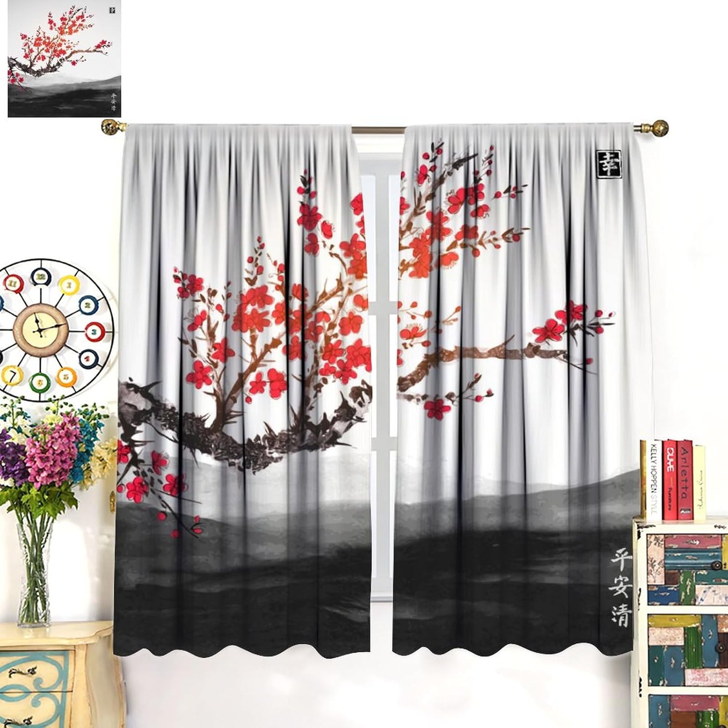 Japanese Asian Curtains Red Cherry Blossom Tree Traditional Ink Style Plant Mountain River Printed Curtain for Kitchen Bedroom Living Room Blackout Privacy Noise Reduction Curtain 84x84 Inch 2 Panels