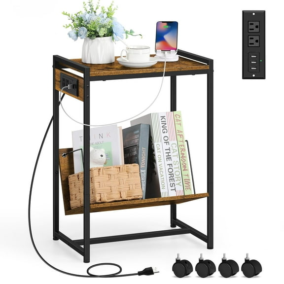 Record Player Stand Vinyl Storage, 2-Tier End Table Charging Station Industrial Turntable Stand with Classified Storage, Rustic Brown Side Table for Living Room Bedroom Office Small Spaces