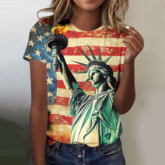 Xdegoge 4Th of July Patriotic T Shirt for Women USA American Flag Short Sleeve Crew Neck Stars and Stripes Sunflower Print Loose Fit Summer Tops Holiday Celebration Wear