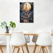 Eiffel Tower Paris Night Stained Glass Style Framed Canvas Wall Art - Romantic Full Moon French Cityscape Prints - Artistic European Travel Home Decor 8*12inch(20*30cm)