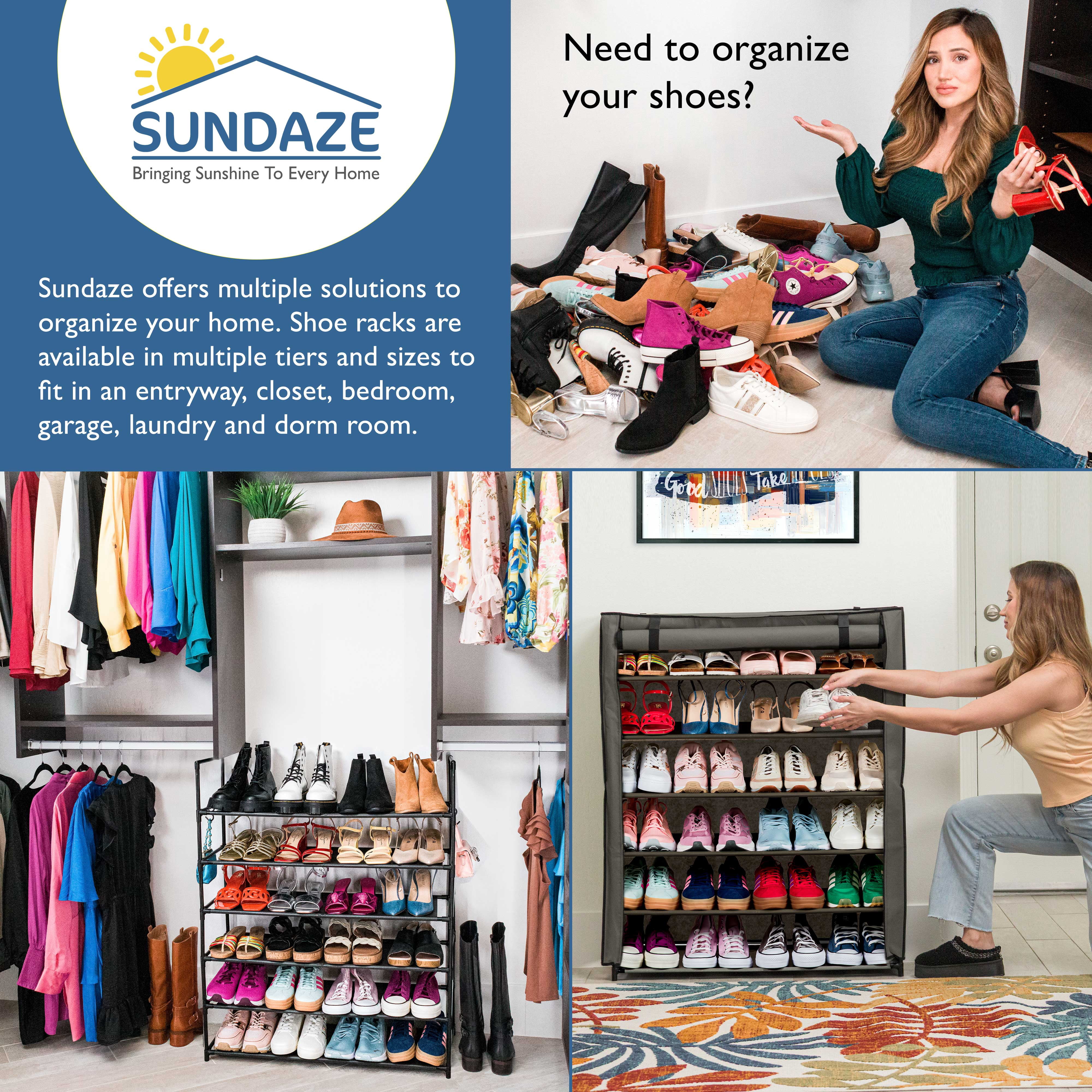 Sundaze Shoe Rack with Cover - 6 Tier Shoe Rack for Front Door Entrance, Sturdy Tall Shoe Organizer for Bedroom, Closet, Garage, Non Woven Fabric Shelf, Grey, Holds Up to 30 Pairs