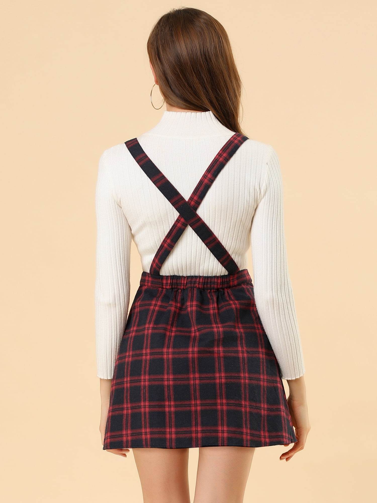 DARING DIVA Women's Plaid Tartan Adjustable Strap Pinafore Overall Dress XS Red Blue