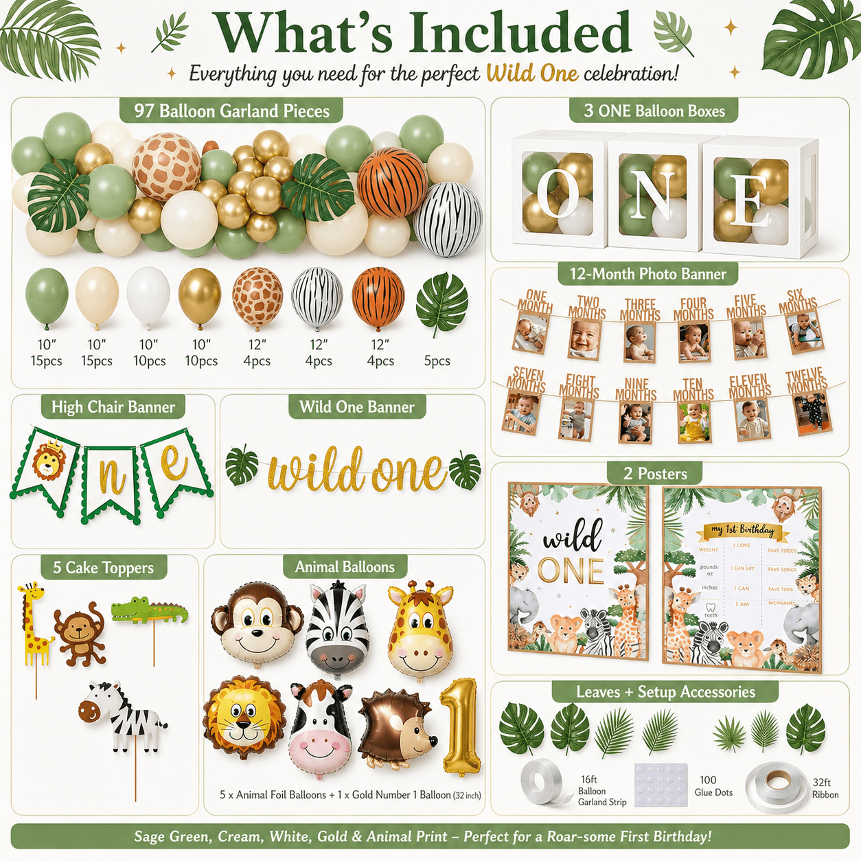 Wild One Birthday Decorations, 1st Birthday Decorations for Boy or Girl, Photo Banner, Balloon Box, Balloons Garland, High Chair Banner, Jungle Theme Safari Party Backdrop for Boys & Girls