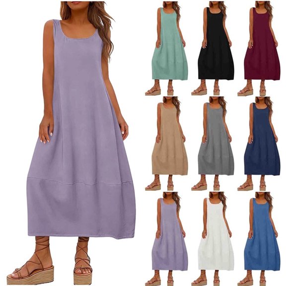 Summer Dresses for Women Fashion Women Solid Round Neck Sleeveless Beach Dresses Vacation Coverup Pockets DressPurple M
