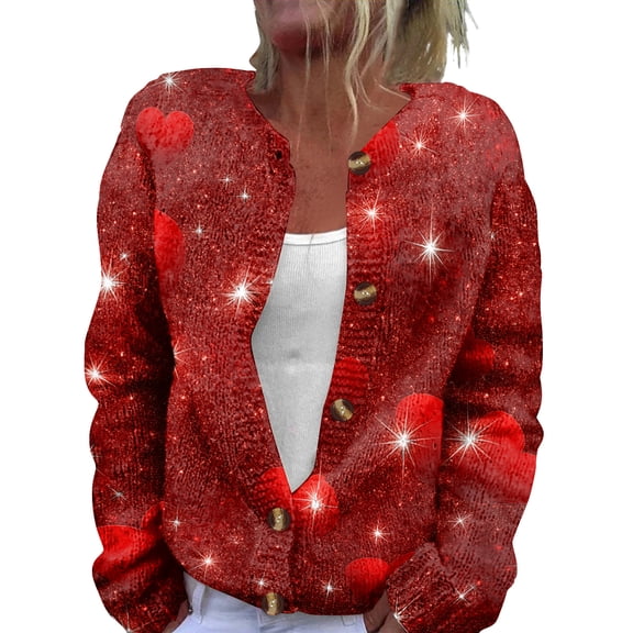 Fgvctg Valentine's Day Cardigan Sweaters for Women Trendy Open Front Cute Sweaters Casual Long Sleeve Coat Love Heart Print Cardigan Spring Button Down Sweater Lightweight Outfits Watermelon Red XL