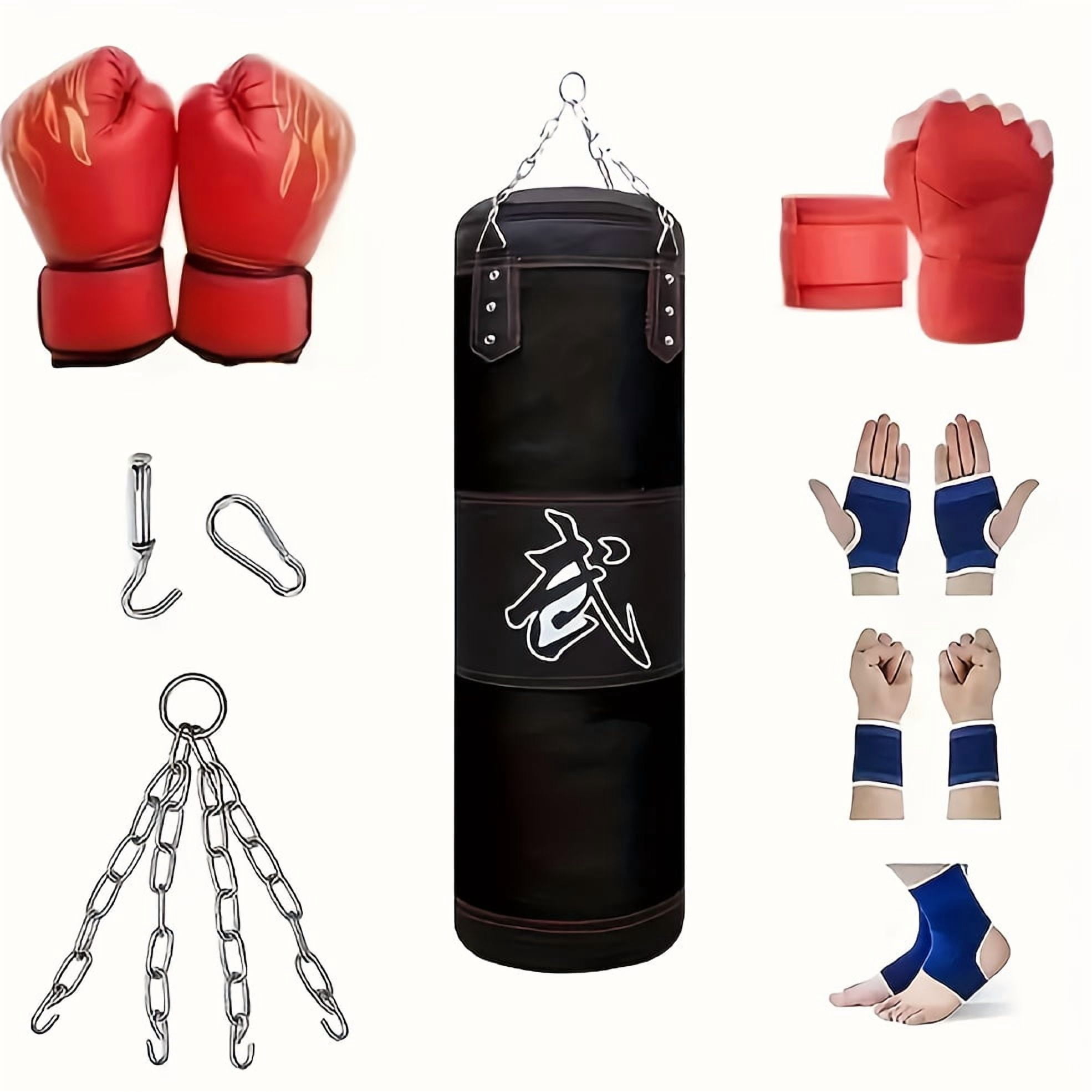 13 - Piece Boxing Punching Bag Set with Gloves – Durable Red/Black Hanging Heavy Bag (11.81" x 59.06"), Filled w/ Shredded Paper, Includes Hand Guards & Carabiners – Ideal for Adult Boxing/Taekwondo