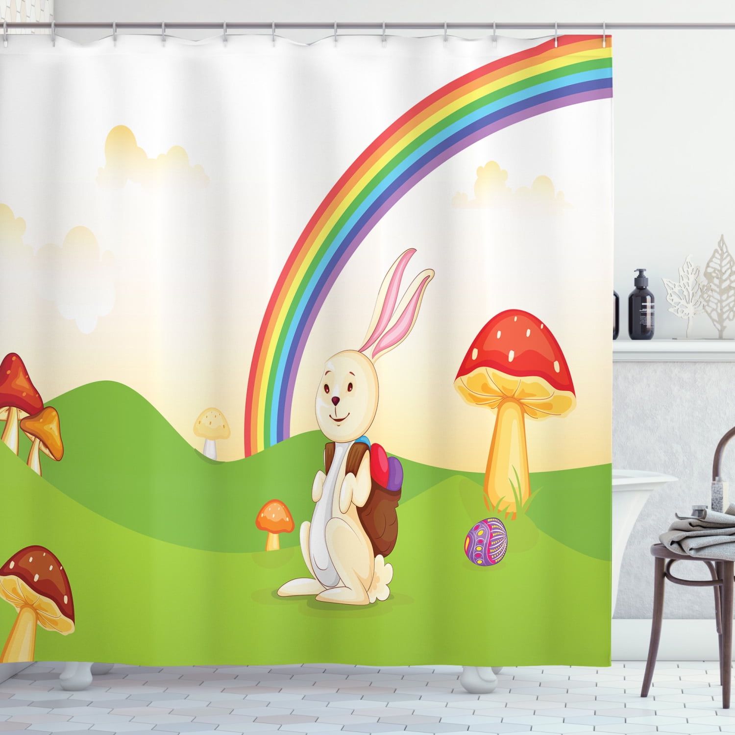 Mushroom Decor Shower Curtain Set, Bunny With Easter Egg ...
