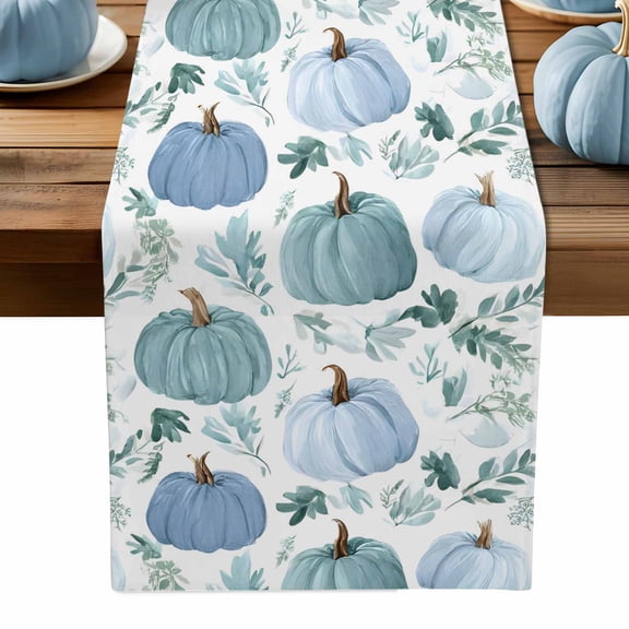 ERUNPONLY Green Blue Pumpkins Fall Table Runner - 72 Inch Long Autumn Botanical Thanksgiving Cotton and Linen Blended Dress Scarves Farmhouse Table Runner for Kitchen Dining, Coffee Table, 18" x 72"