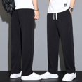 thumbnail image 2 of Men Pants Mid-Rise Elastic Waistband Sweatpants Drawstring Pocket Wide Leg Ribbed Ultra-Thin Ice Silk Casual Trousers Streetwear, 2 of 5
