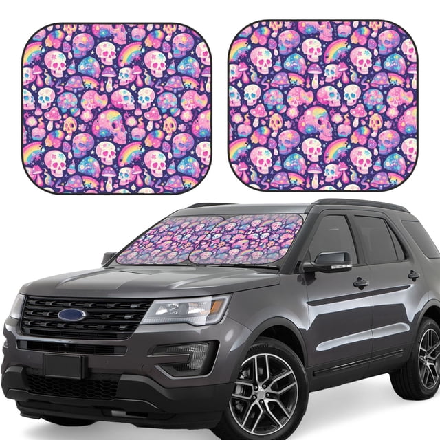 Saiise cartoon rainbow Skull for Foldable Car Sun Shades (2-Pack) Offer Sun Protection with an Easy-fold Design for Convenient Windshield Shading-Medium