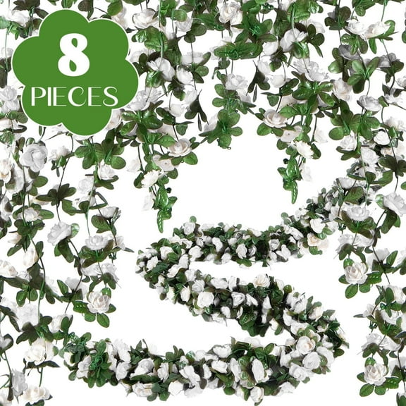 Artificial Flower Garlands Fake Rose Vines 8 Pcs 66FT - Home Bedroom Wall Garden Wedding Garden Decor Outdoor (White)