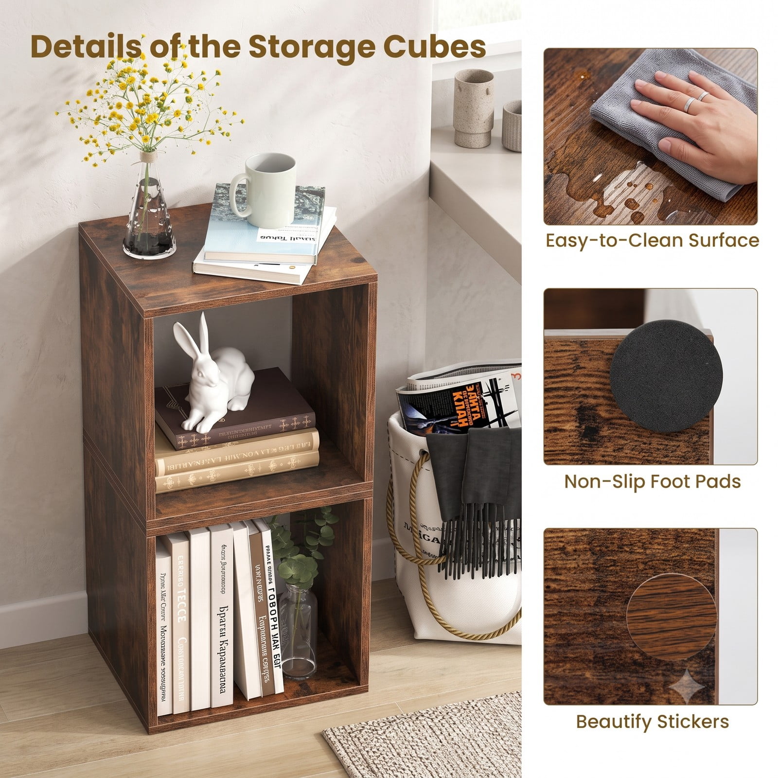 Furnibear Cube Storage Organizer Set of 2, Stackable Modular Wood Bookcase Cubby Shelf for Living Room Bedroom Study Office, Display Bookshelf with, Rustic Brown