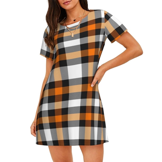 Fotbe Orange Plaid Bata de Dormir para Mujer con Estampado, Camisón de Algodón de Manga Corta, Ropa de Dormir Casual
