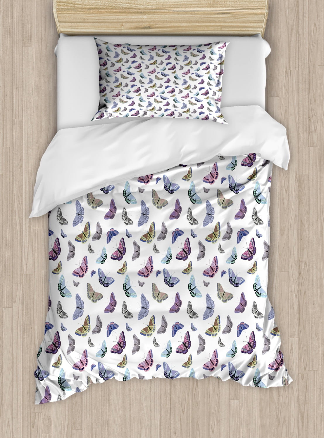 Butterfly Duvet Cover Set, Pattern of Colorful Butterflies Delicate and